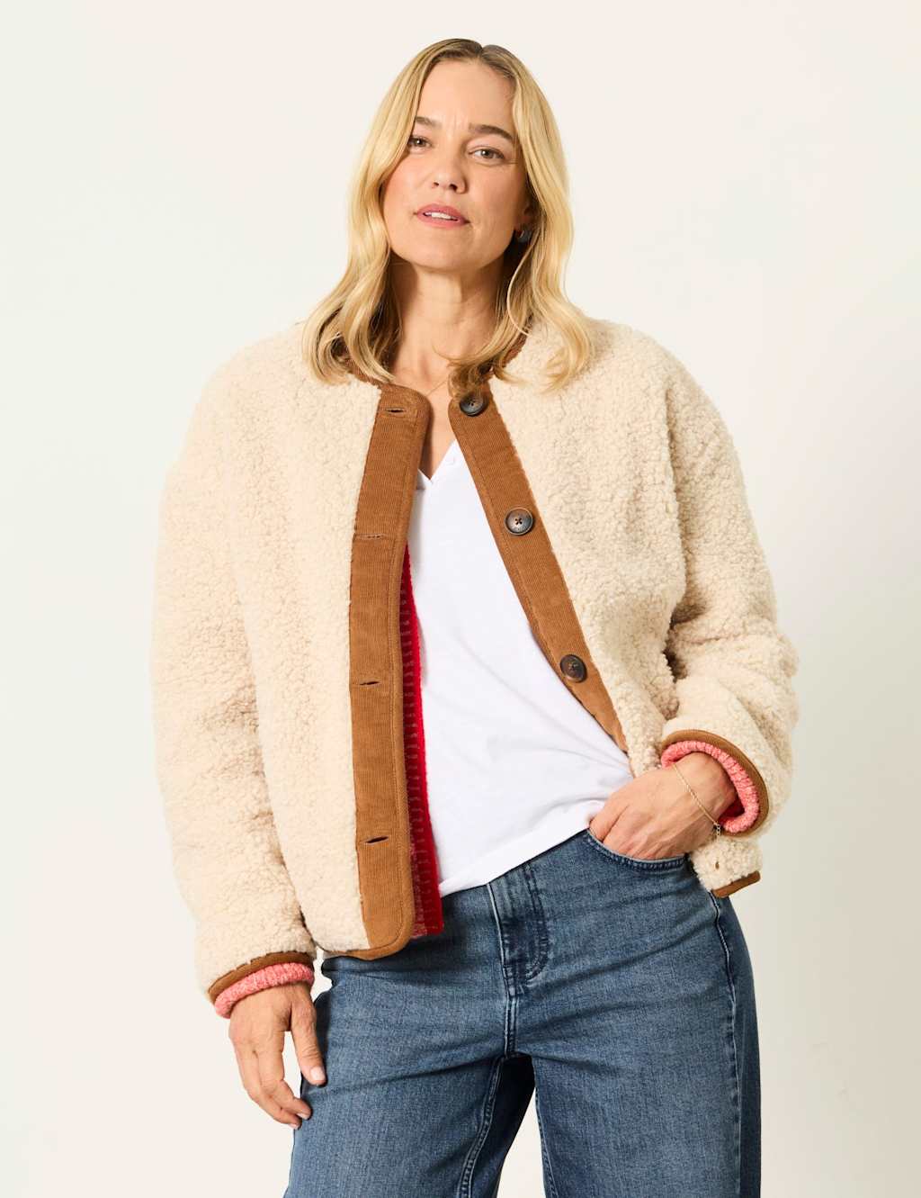 Fatface Women's Borg Collarless Jacket - 16 - Ivory Mix - Available at M&S