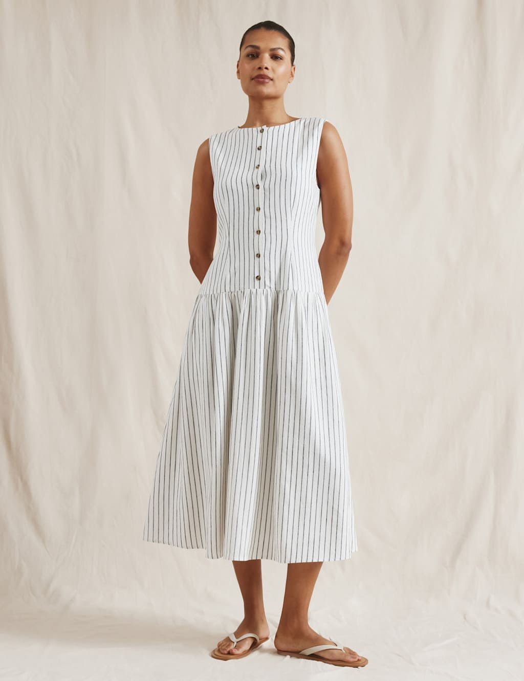 Linen Blend Striped Midi Skater Dress