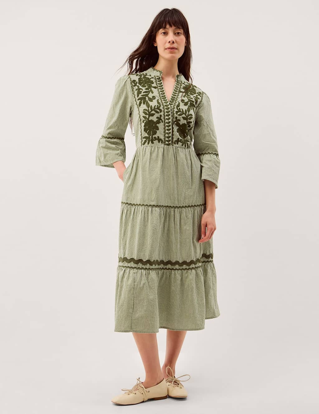 Monsoon Women's Pure Cotton Embroidered Gingham Tiered Dress - Medium - Green Mix - Available at M&S