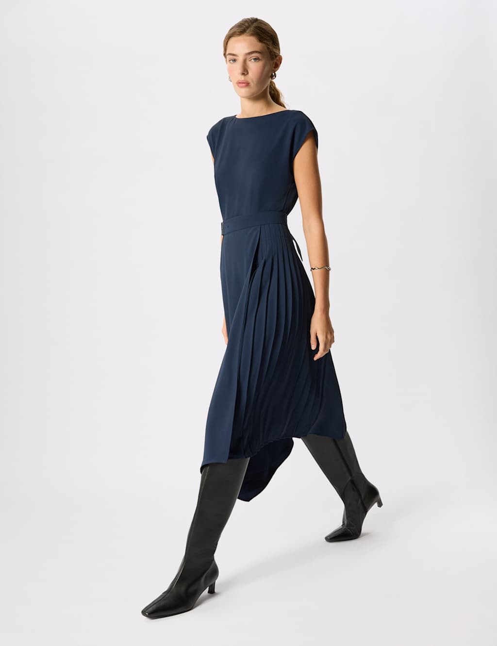 Whistles Women's Pleat Detail Belted Asymmetric Dress - 12 - Navy - Available at M&S