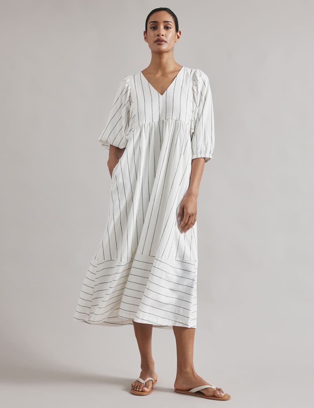 Linen Blend Striped V-Neck Midi Smock Dress