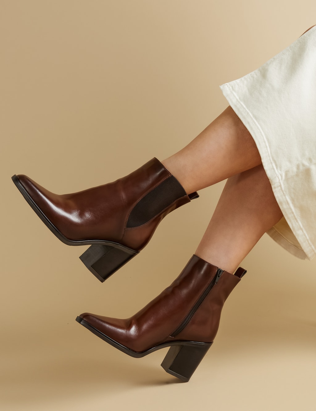 Leather Block Heel Pointed Ankle Boots