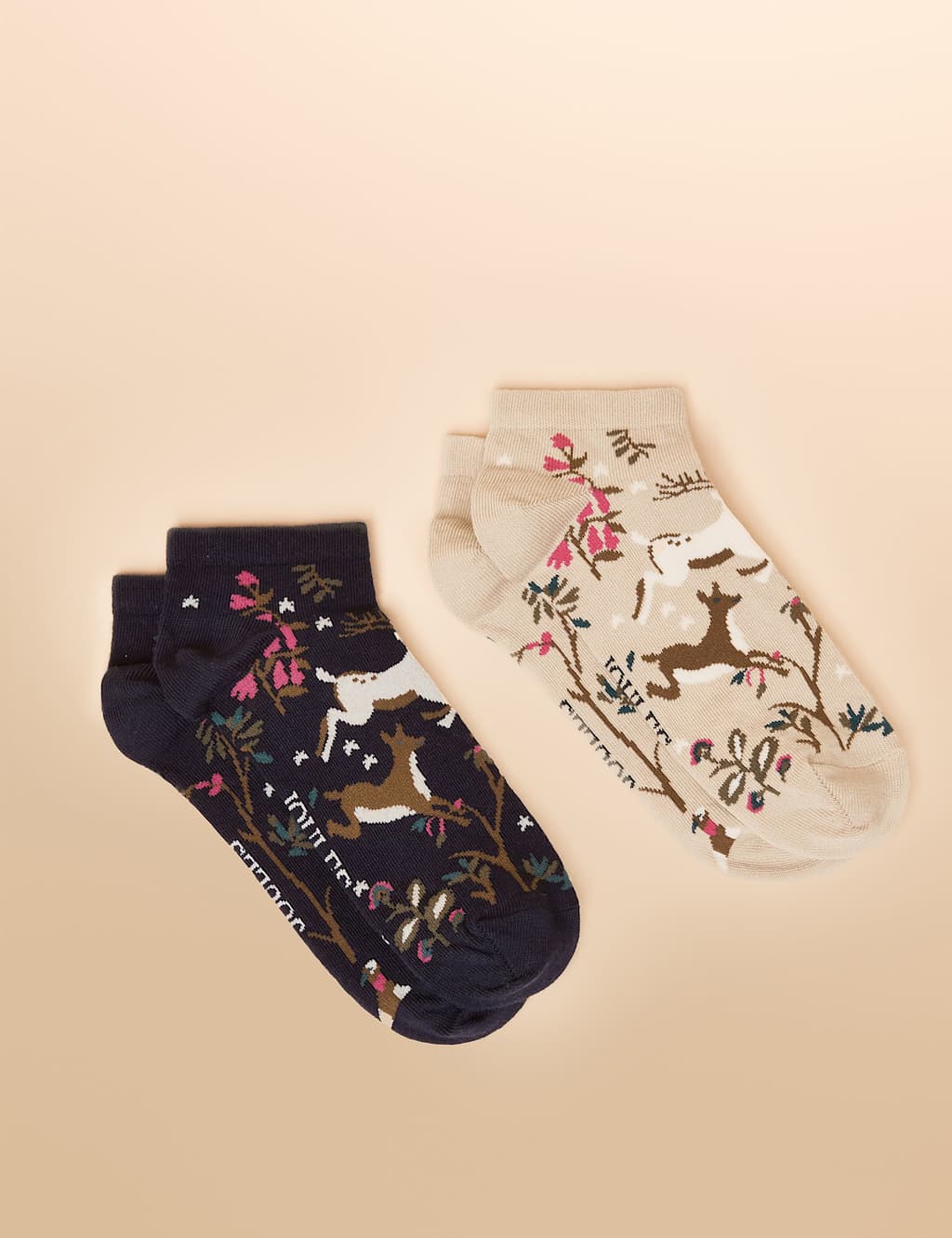 Joules 2 Pack Cotton Rich Woodland Print Trainer Socks Navy Mix