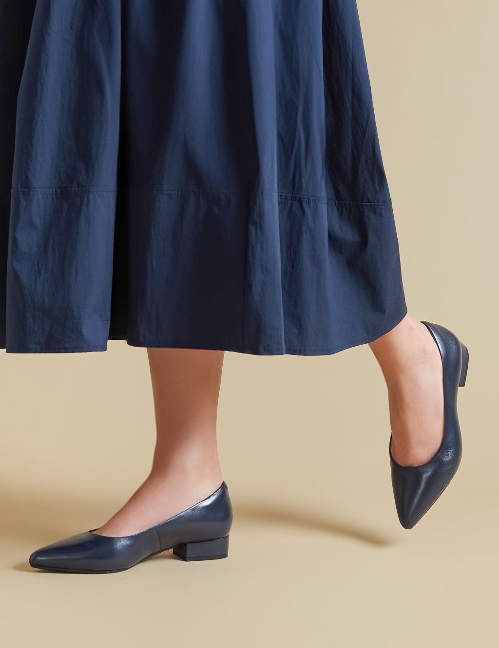 Wide Fit Leather Block Heel Court Shoes