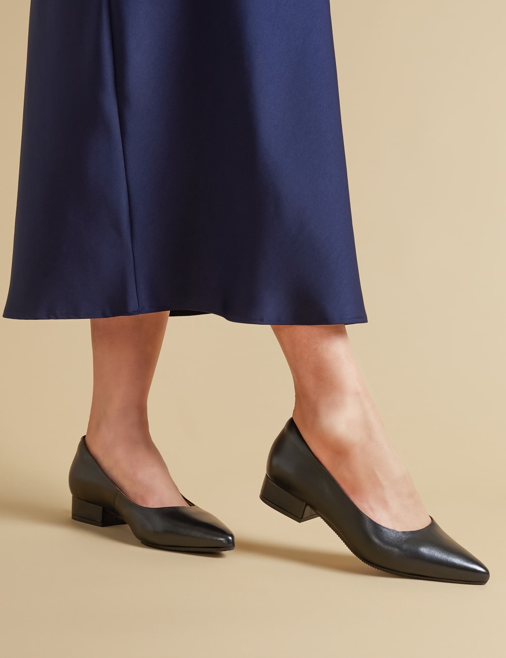 Wide Fit Leather Block Heel Court Shoes
