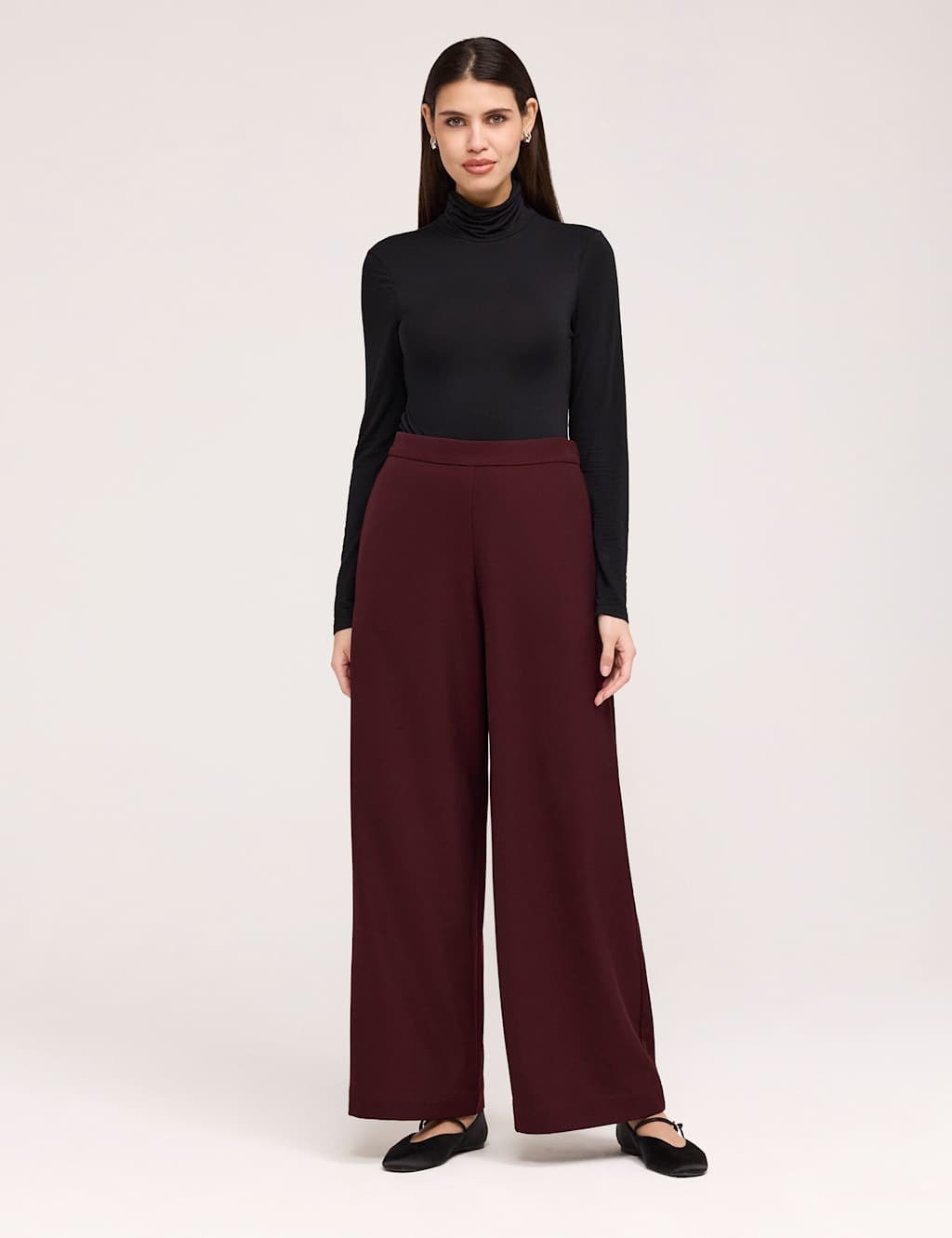 Finery London Women's Twill Elasticated Waist Wide Leg Trousers - 16 - Burgundy - Available at M&S