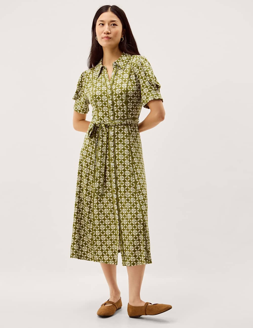 Monsoon Women's Jersey Geometric Belted Midi Shirt Dress - 10 - Green Mix - Available at M&S