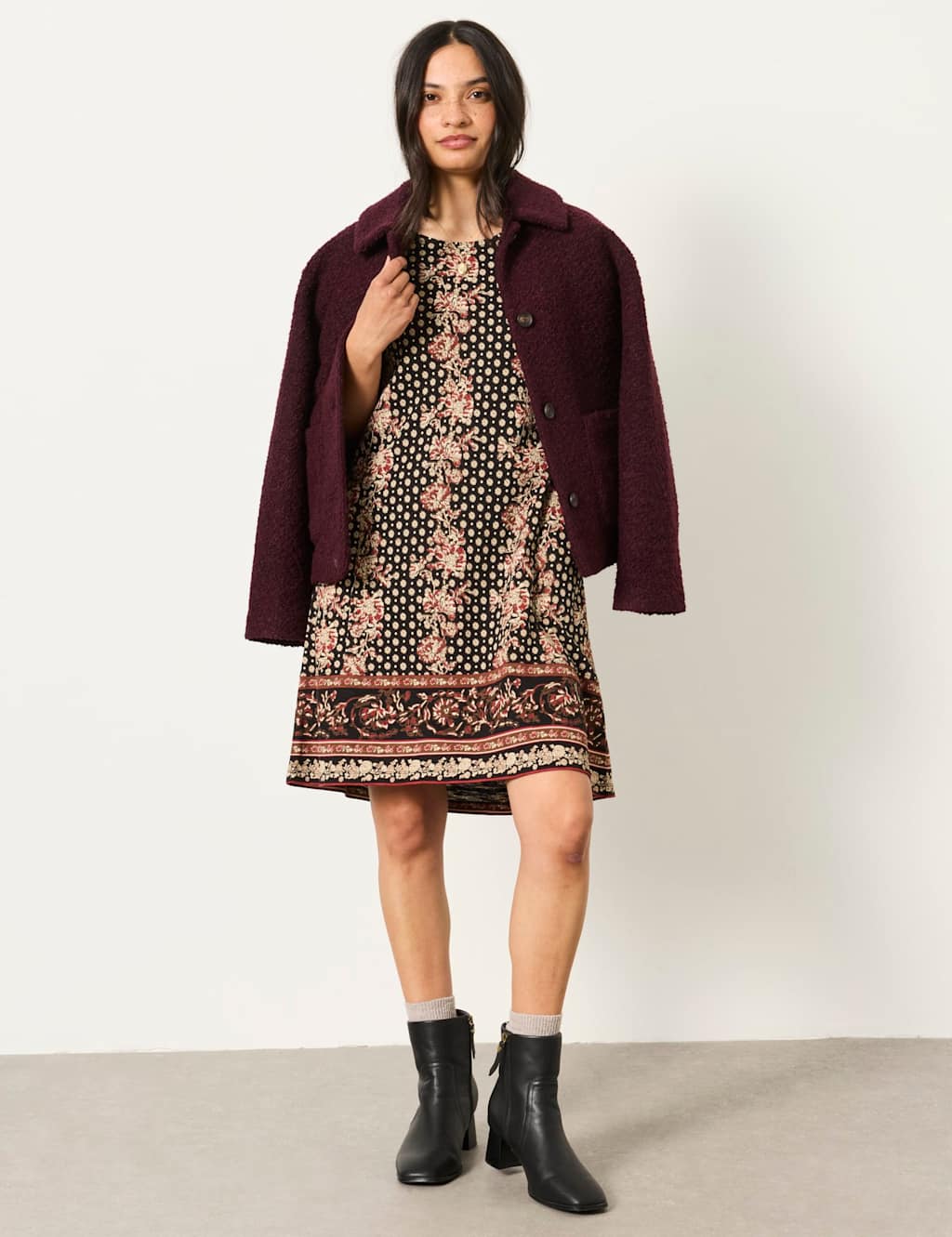 Fatface Women's Cotton Rich Printed Mini T-Shirt Dress - 14 - Black Mix - Available at M&S