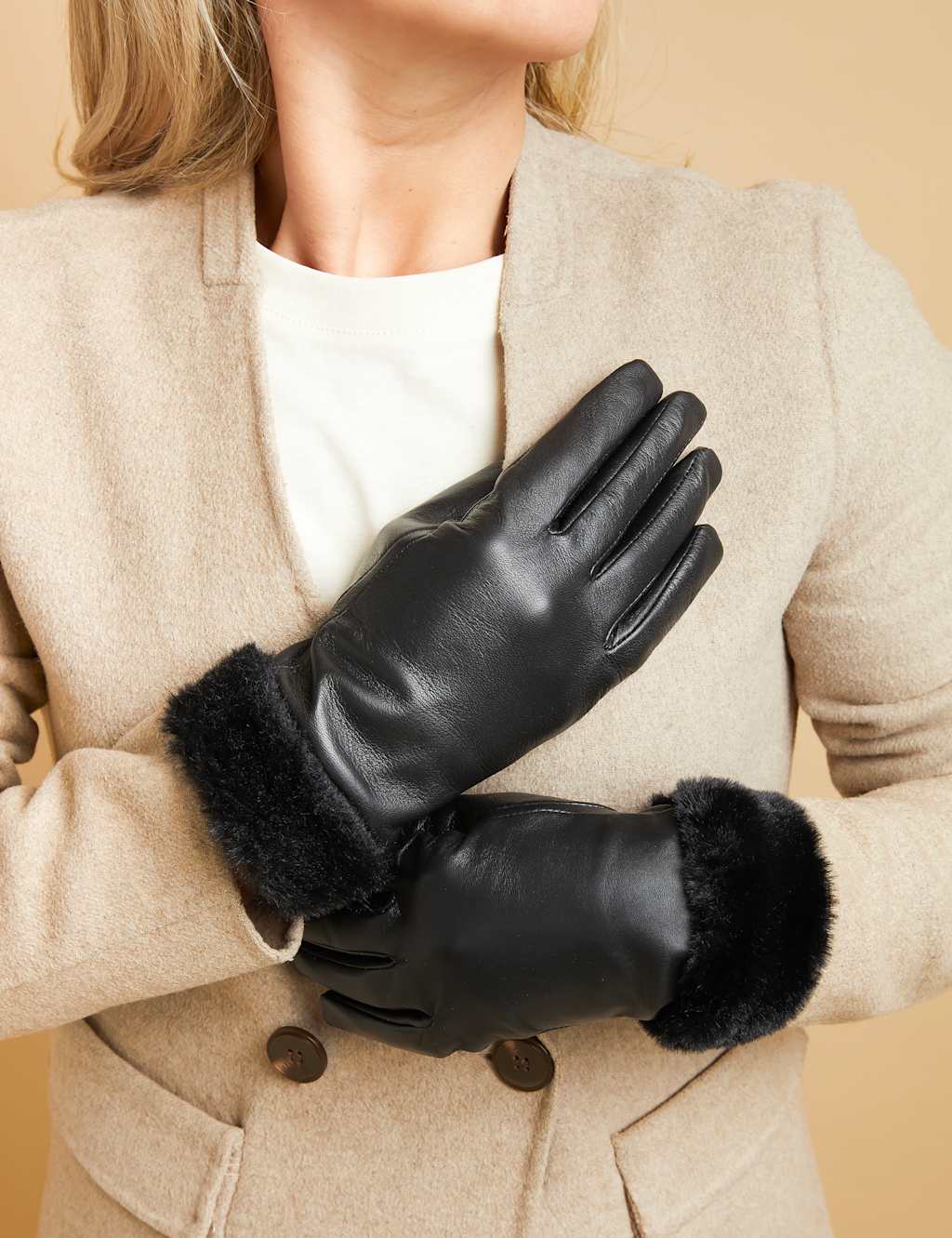 Jones Bootmaker Leather Faux Fur Cuffed Warm Lined Gloves Black