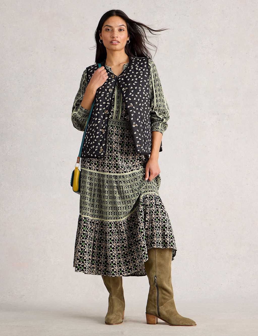 White Stuff Printed Midi Tiered A-Line Skirt Black Mix