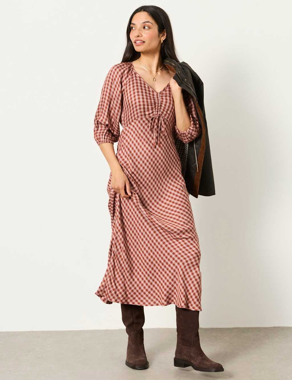 Fatface Women's Checked V-Neck Tie Detail Maxi Waisted Dress - 16 - Pink Mix - Available at M&S