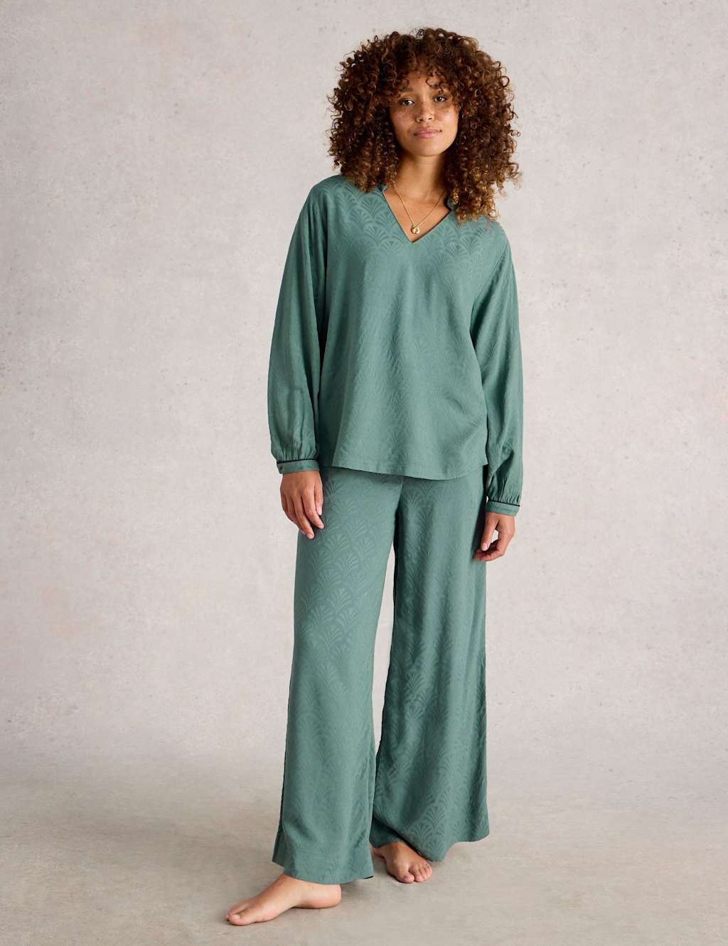 White Stuff Cotton Rich Jacquard Pyjama Top Green