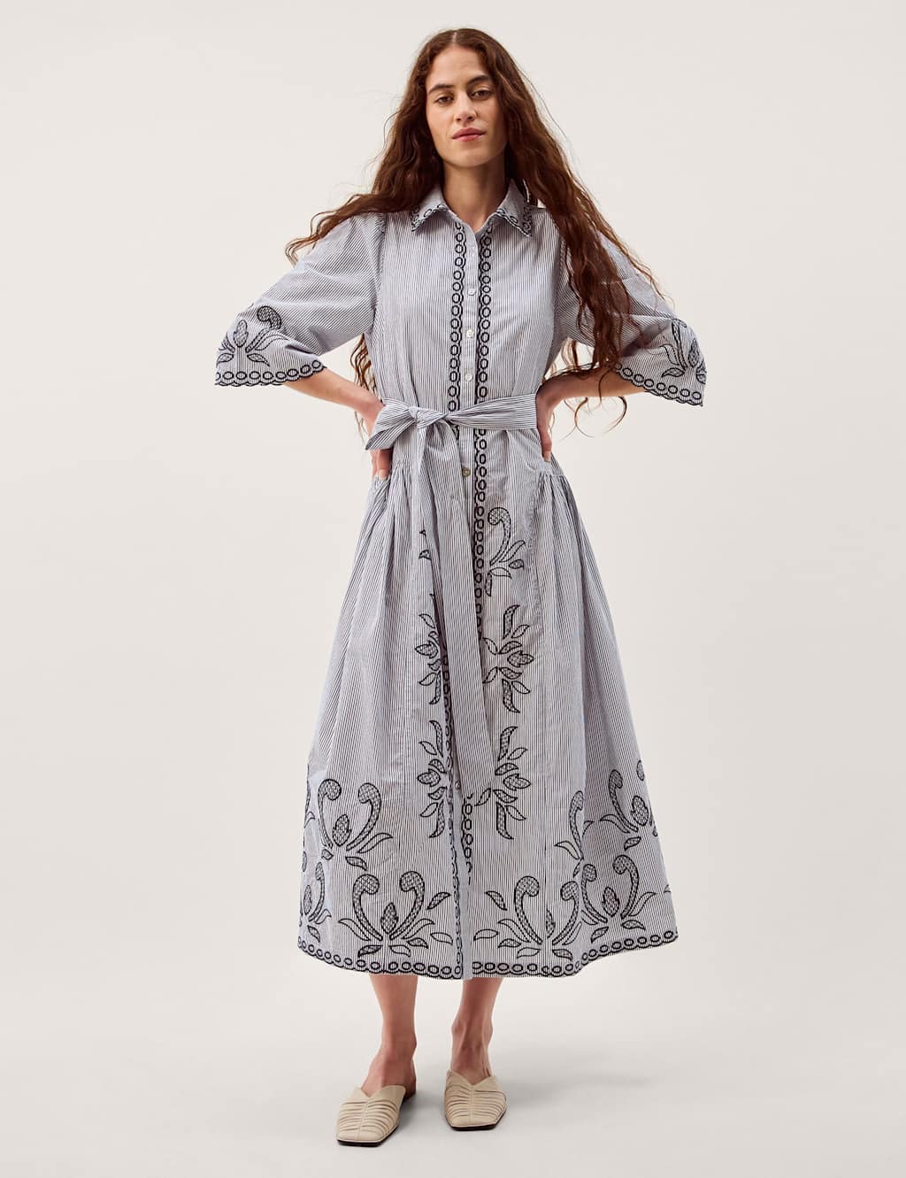 Monsoon Women's Pure Cotton Embroidered Midi Shirt Dress - 20 - Navy Mix - Available at M&S