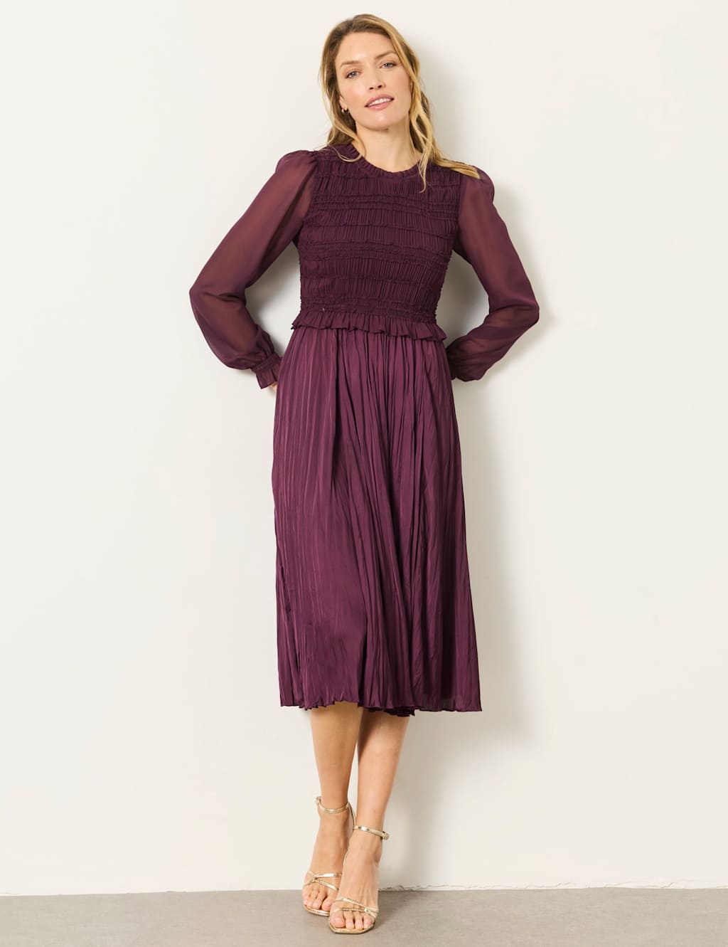 Fatface Women's Plisse Round Neck Midi Shirred Tea Dress - 12 - Dark Red - Available at M&S