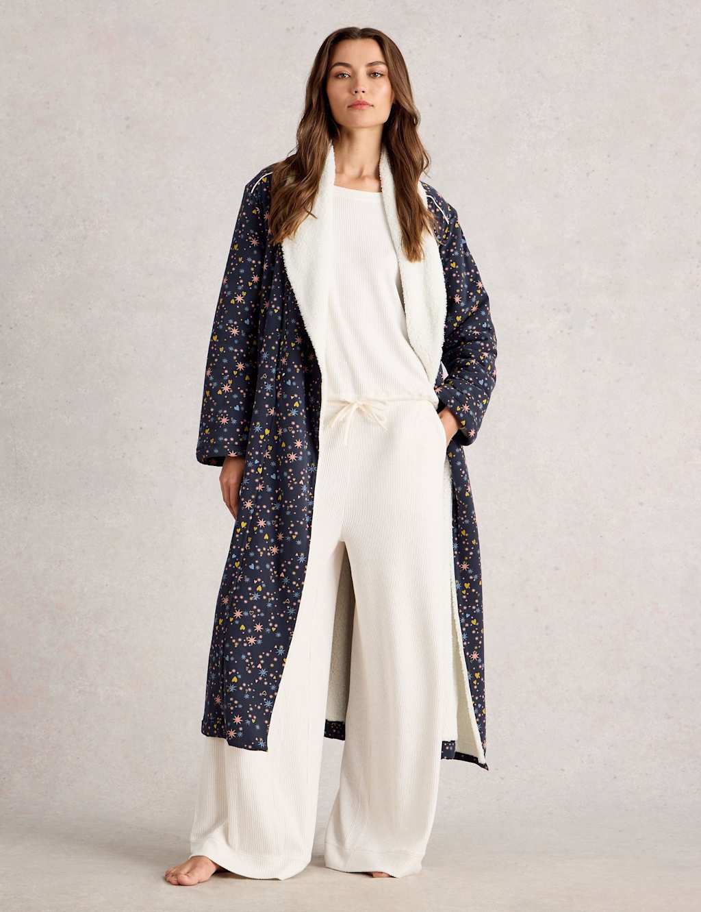White Stuff Cotton Rich Star Print Dressing Gown Navy Mix