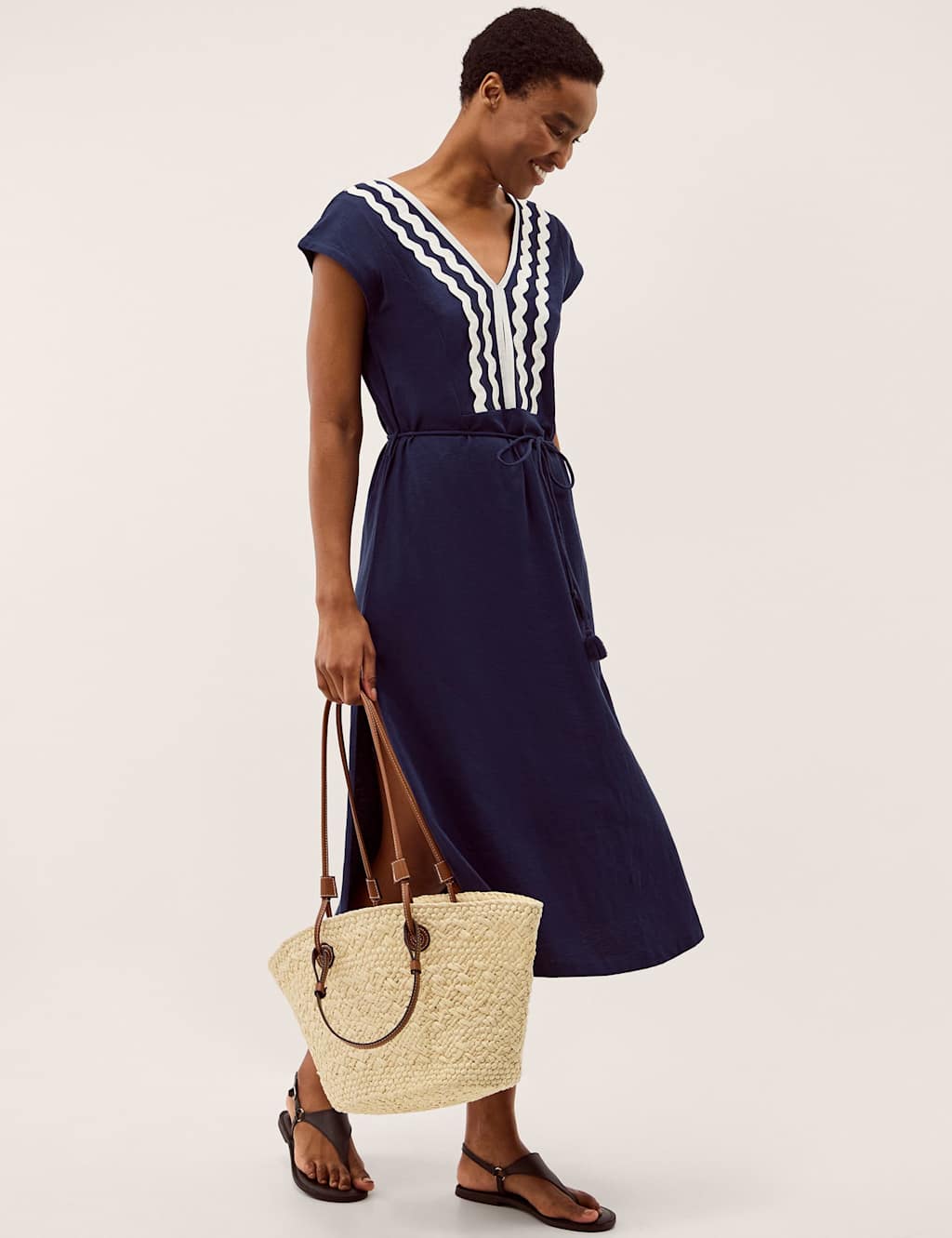 Monsoon Women's Pure Cotton V-Neck Midi Kaftan Dress - Small - Blue - Available at M&S
