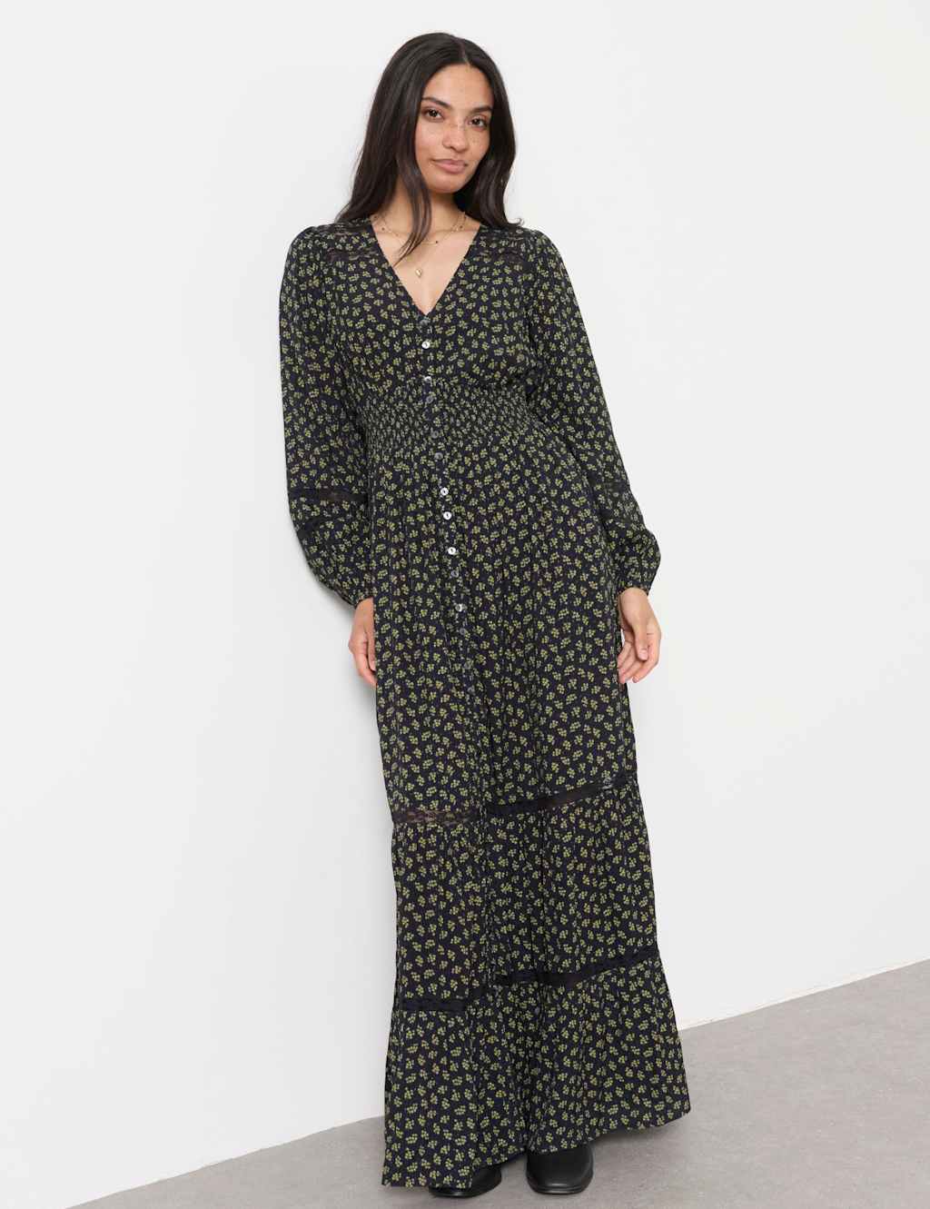 Fatface Women's Jacquard Lace Insert Maxi Shirred Dress - 12 - Navy Mix - Available at M&S