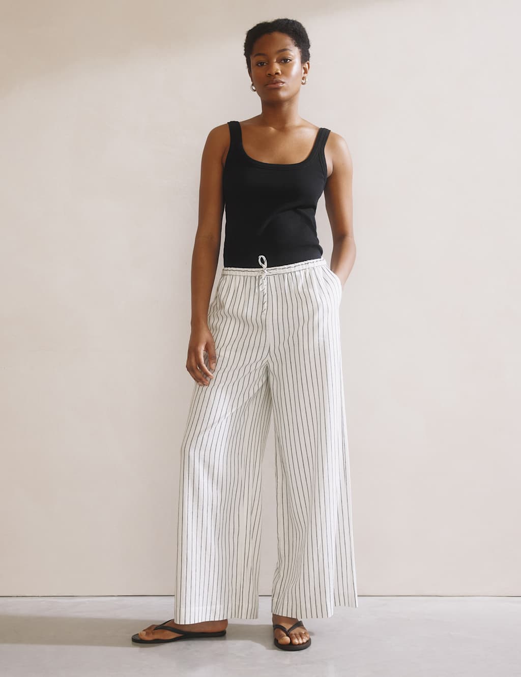 Linen Blend Striped Drawstring Trousers