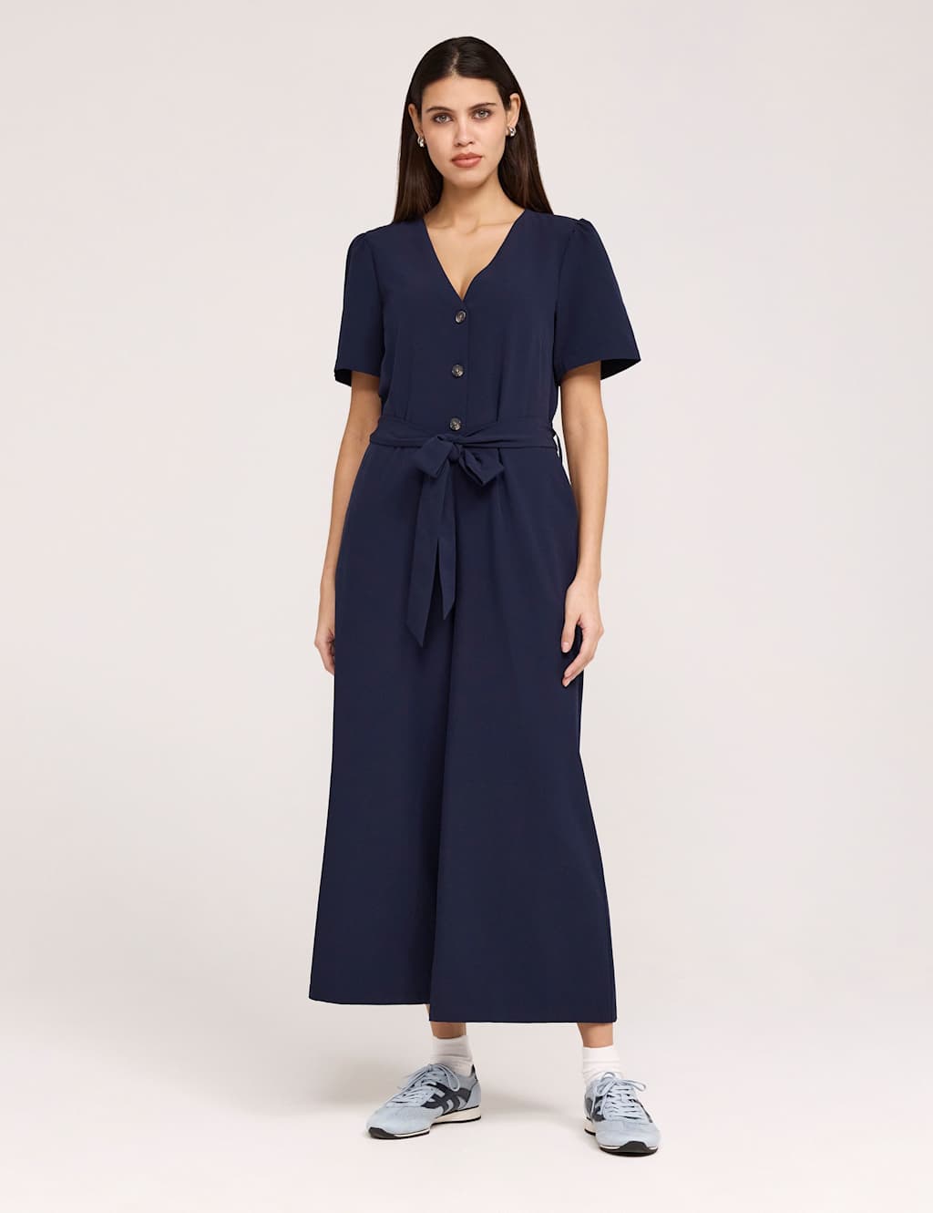 Finery London Women's Crepe Tie Waist Short Sleeve Wide Leg Jumpsuit - 16 - Navy - Available at M&S