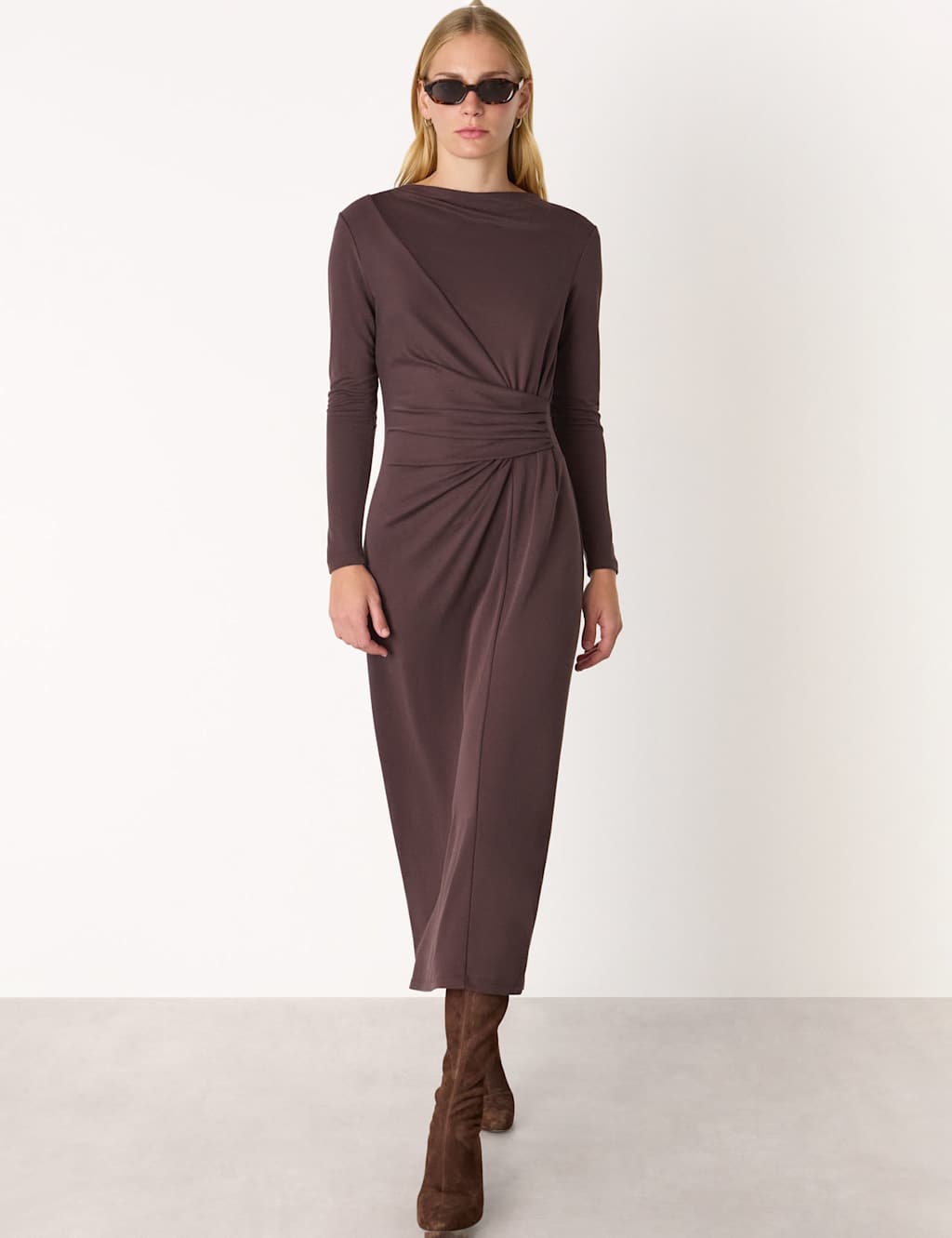 Whistles Women's Jersey Ruched Midi Waisted Dress - 10 - Chocolate - Available at M&S
