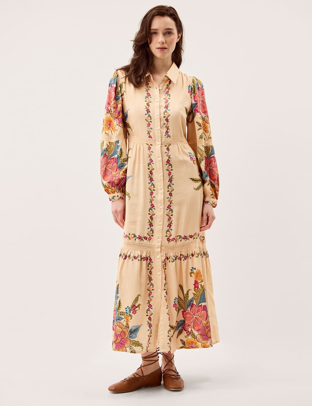 Monsoon Women's Floral Blouson Sleeve Midi Shirt Dress - 14 - Cream Mix - Available at M&S