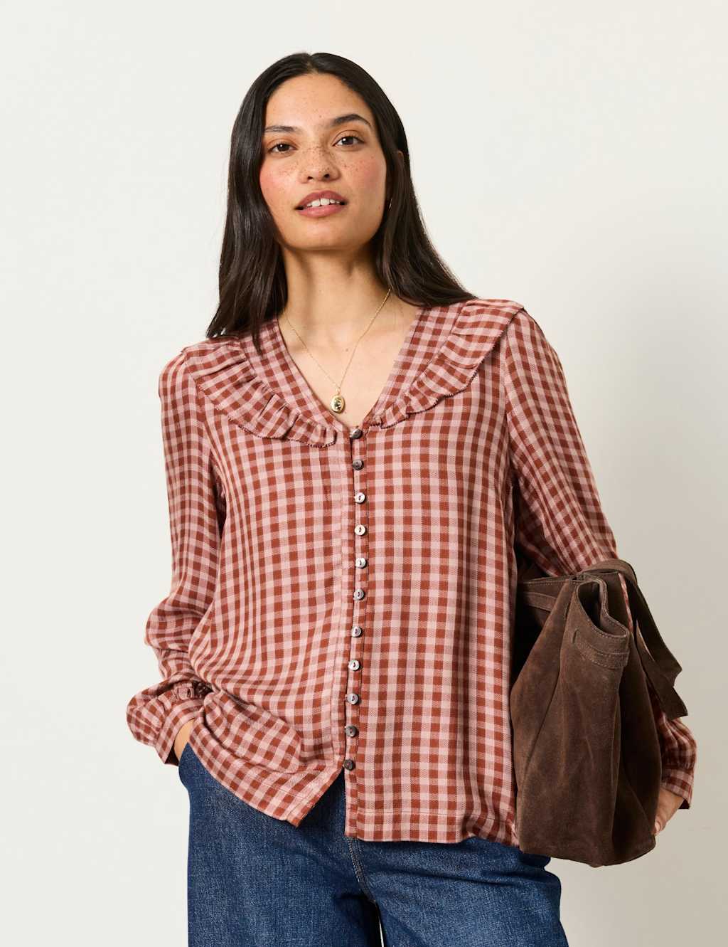 Fatface Women's Gingham Collared V-Neck Relaxed Blouse - 22 - Pink Mix - Available at M&S