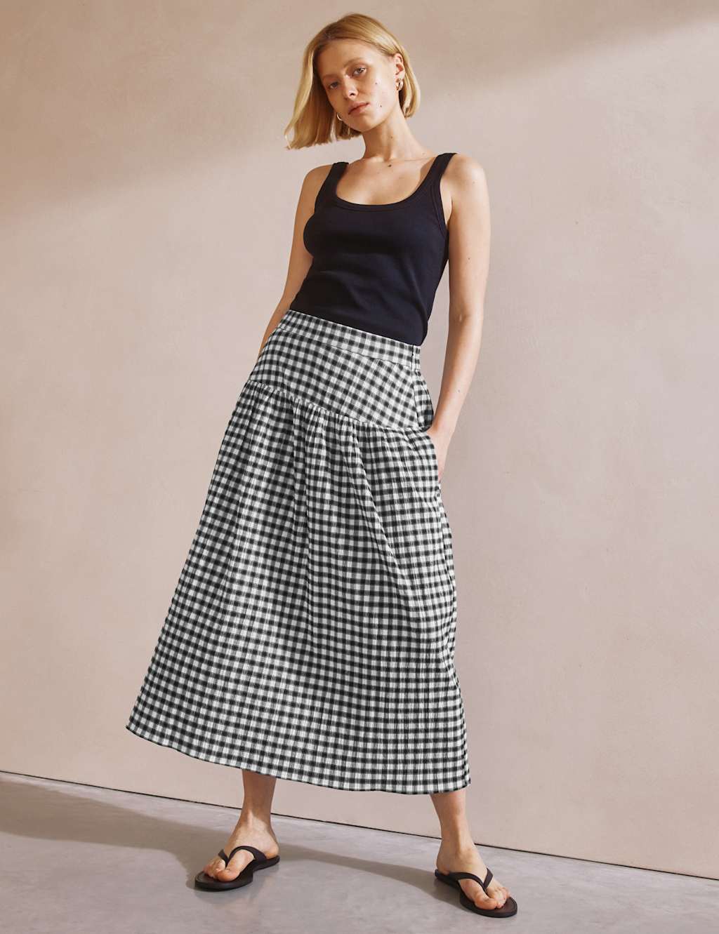 Cotton-Rich Gingham Midi A-Line Skirt
