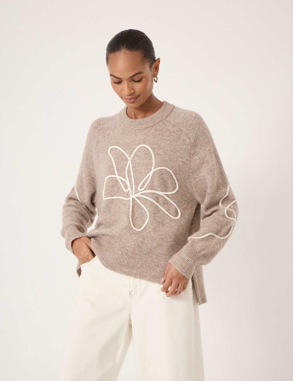 Hush Women's Alpaca Blend Flower Crew Neck Jumper - Large-Extra Large - Oatmeal - Available at M&S