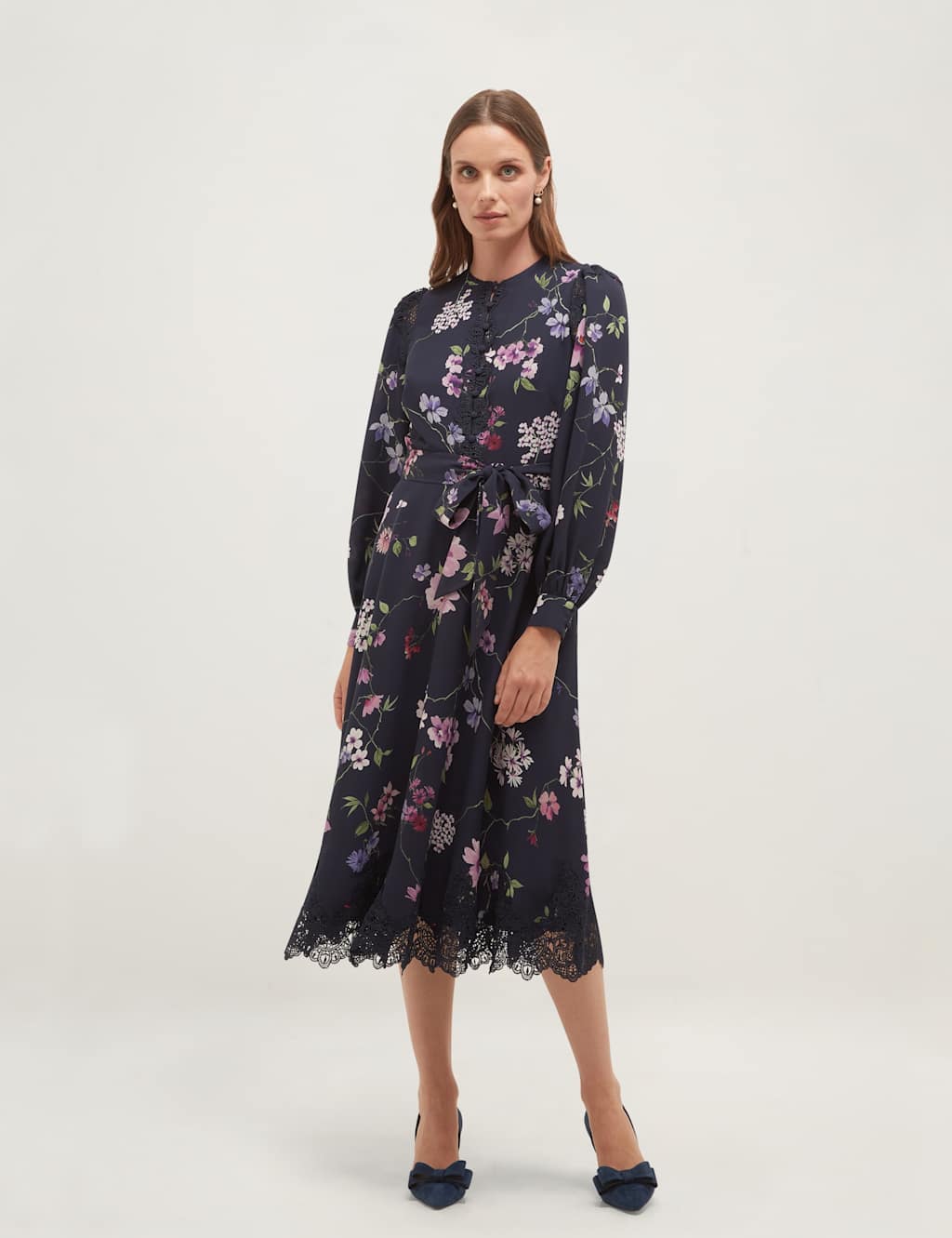 Hobbs Women's Floral Midi Waisted Dress - 14 - Blue - Available at M&S