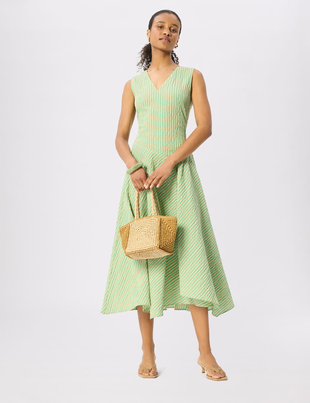 Whistles Women's Cotton Rich Textured Checked V-Neck Midi Dress - 12 - Green Mix - Available at M&S