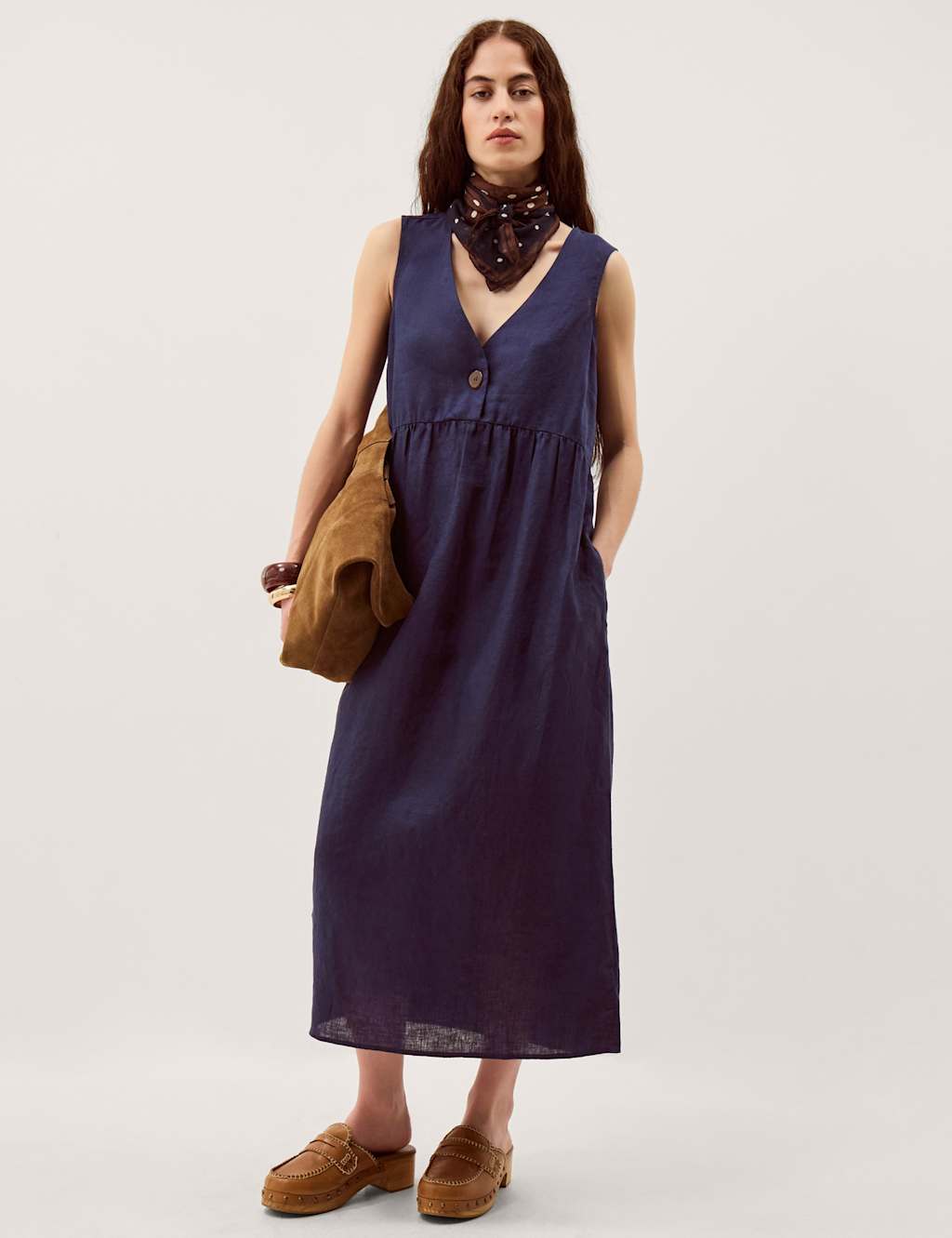 Monsoon Women's Pure Linen V-Neck Midi Column Dress - Extra Large - Navy - Available at M&S