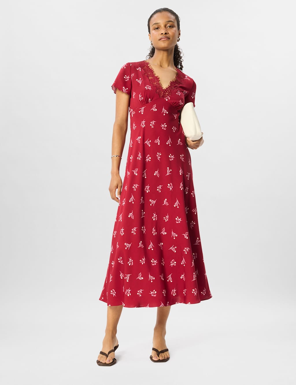 Whistles Women's Floral V-Neck Midi Tea Dress - 12 - Burgundy Mix - Available at M&S