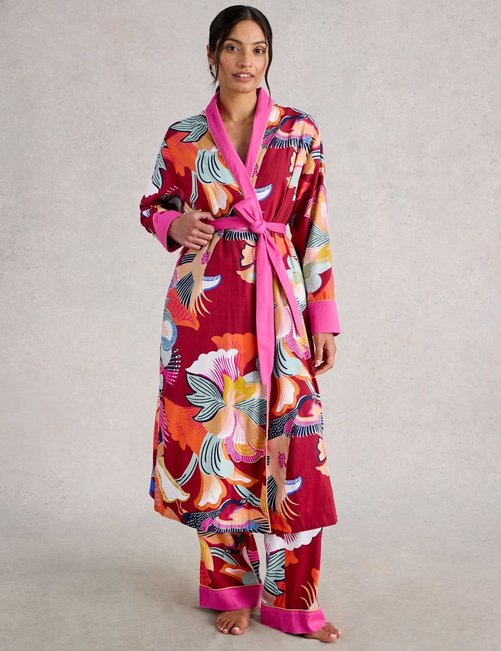 White Stuff Cotton Rich Printed Dressing Gown Red Mix