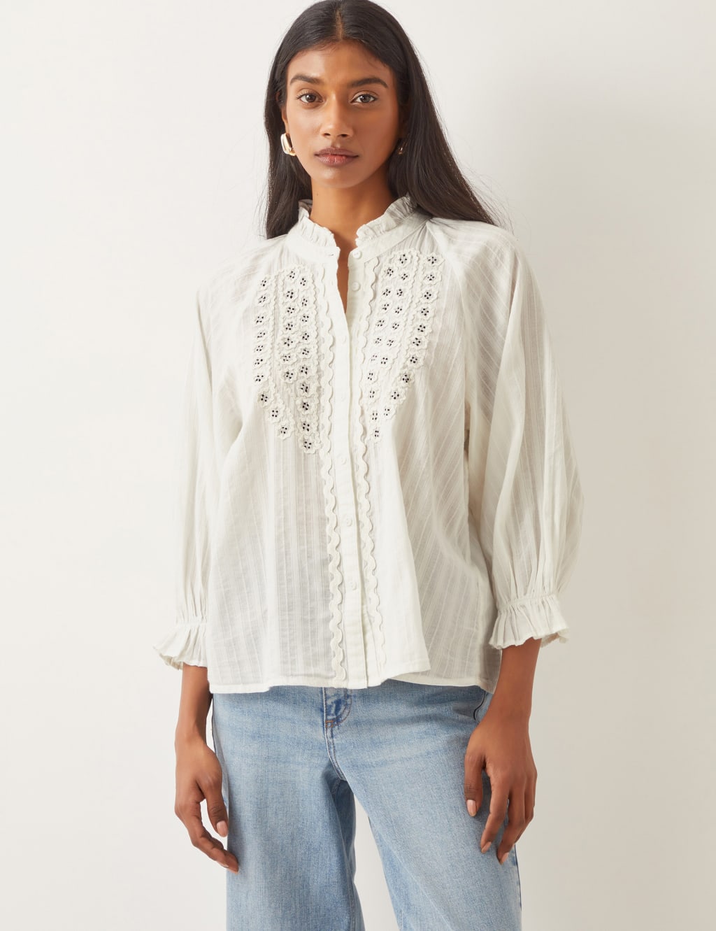 Pure Cotton Embroidered Crew Neck Blouse