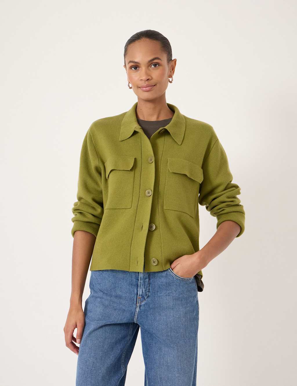 Hush Women's Cotton Rich Shacket with Wool - Small-Medium - Olive - Available at M&S