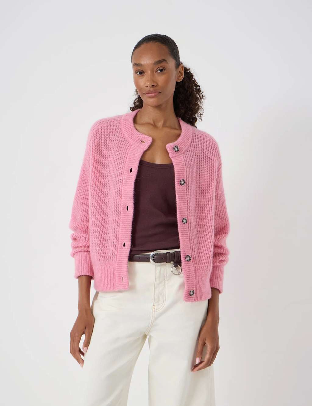 Hush Women's Wool Blend Crew Neck Button Through Cardigan - Small-Medium - Light Pink - Available at M&S