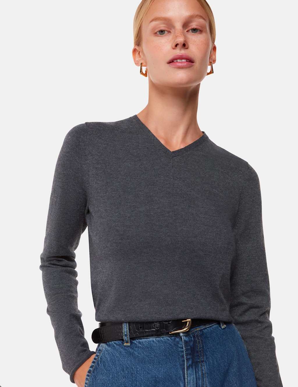 Whistles Cotton Blend Ribbed V-Neck Jumper Dark Grey