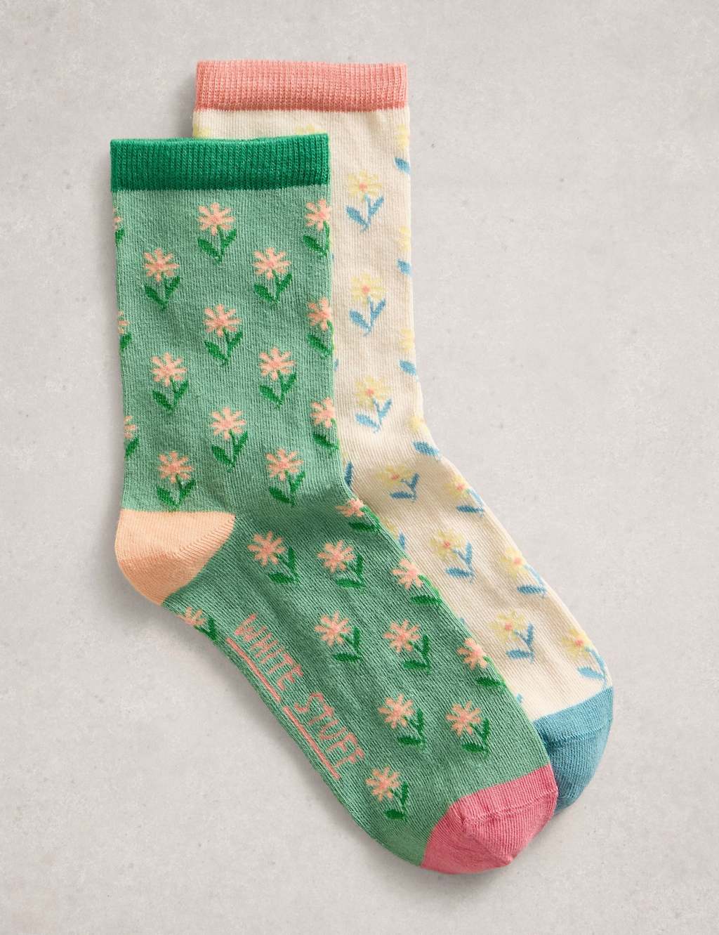 White Stuff Women's 2 Pack Cotton Rich Flower Ankle High Socks - 6-8 - Natural Mix - Available at M&S
