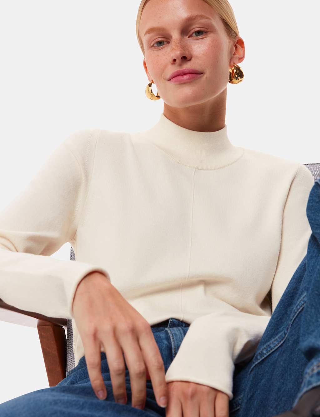 Whistles Cotton Blend Textured Funnel Neck Jumper Ivory