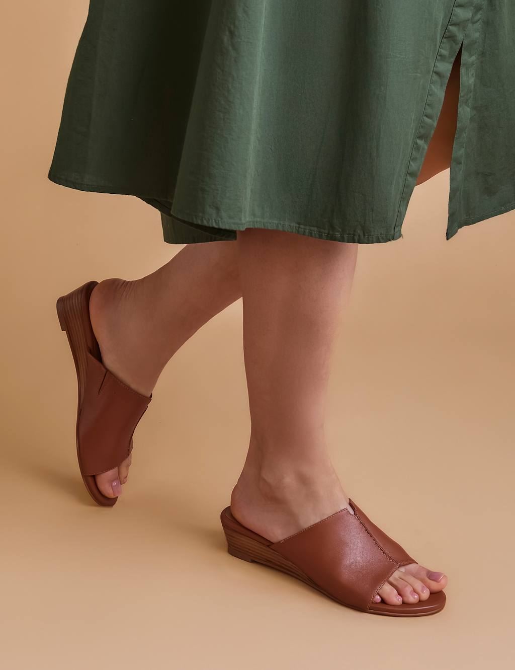 Leather Metallic Wedge Mules
