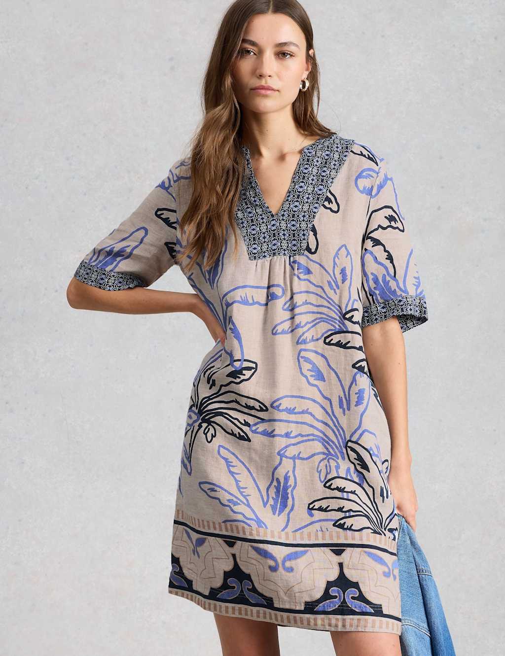White Stuff Women's Pure Linen Printed Notch Neck Shift Dress - 12 - White Mix - Available at M&S