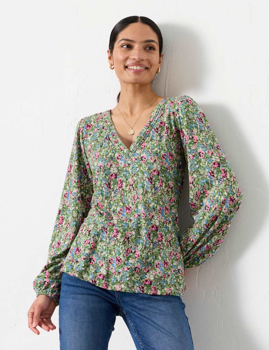 Fatface Women's Pure Cotton Disty Floral V-Neck Blouse - 16 - Green Mix - Available at M&S