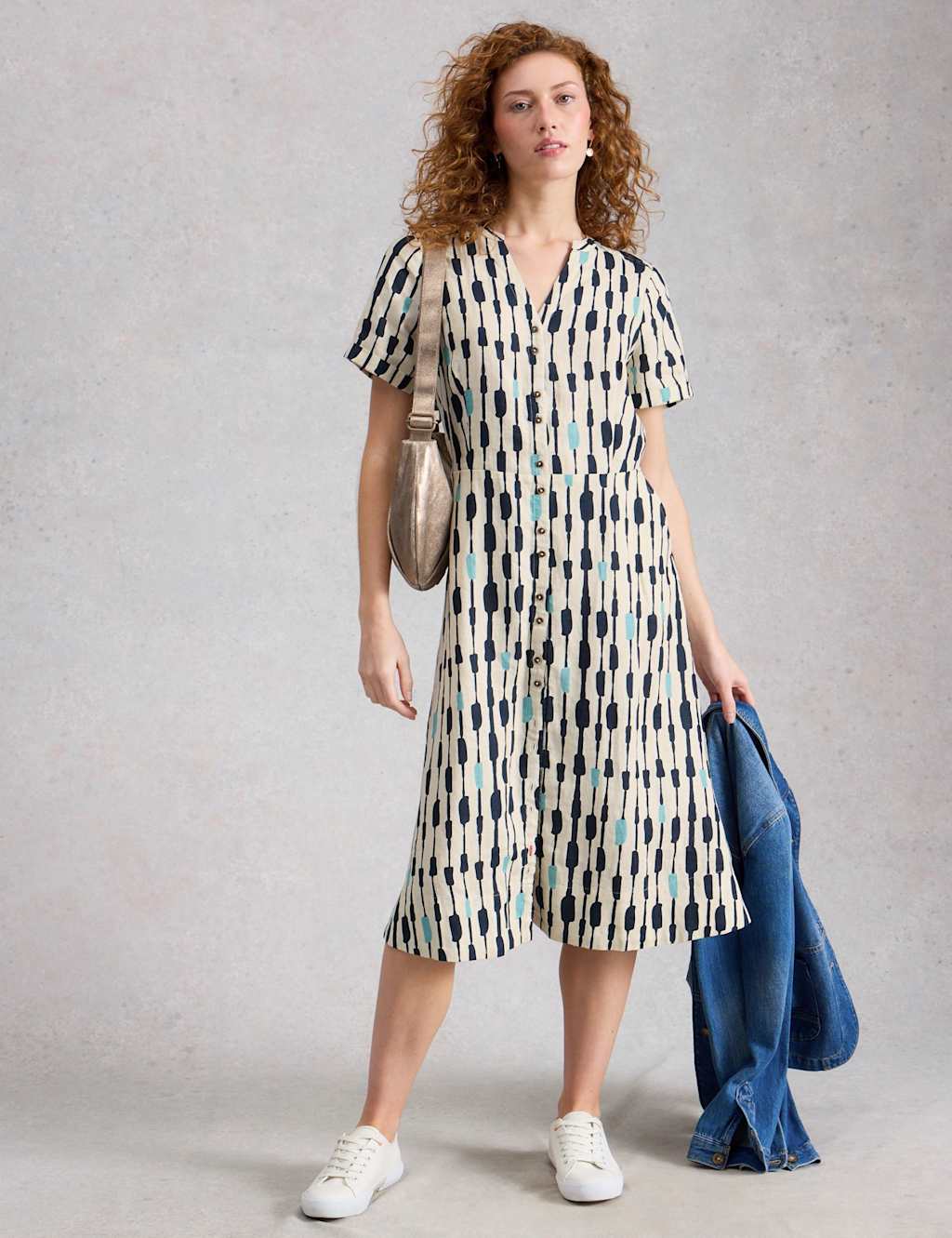 White Stuff Women's Pure Linen Notch Neck Midi Tea Dress - 22 - White Mix - Available at M&S