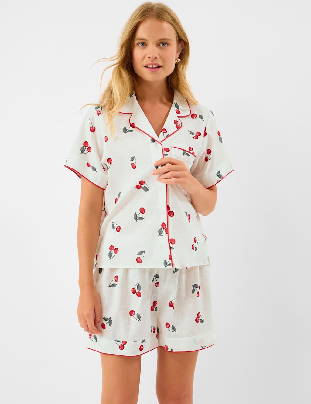 Accessorize Women's Pure Cotton Cherry Print Shortie Set - Extra Small - Ivory Mix - Available at M&S