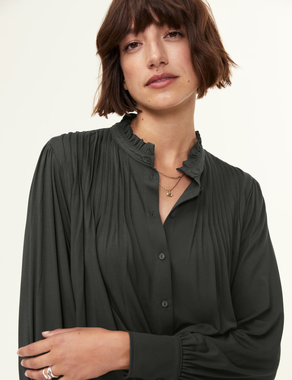 Jersey High Neck Pintuck Relaxed Blouse