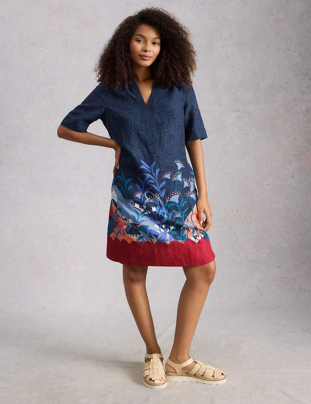 White Stuff Women's Pure Linen Knee Length Relaxed Tea Dress - 10 - Navy Mix - Available at M&S