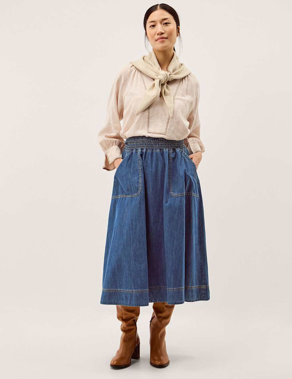 Monsoon Women's Shirred Denim Midi Skirt - Large - Blue - Available at M&S