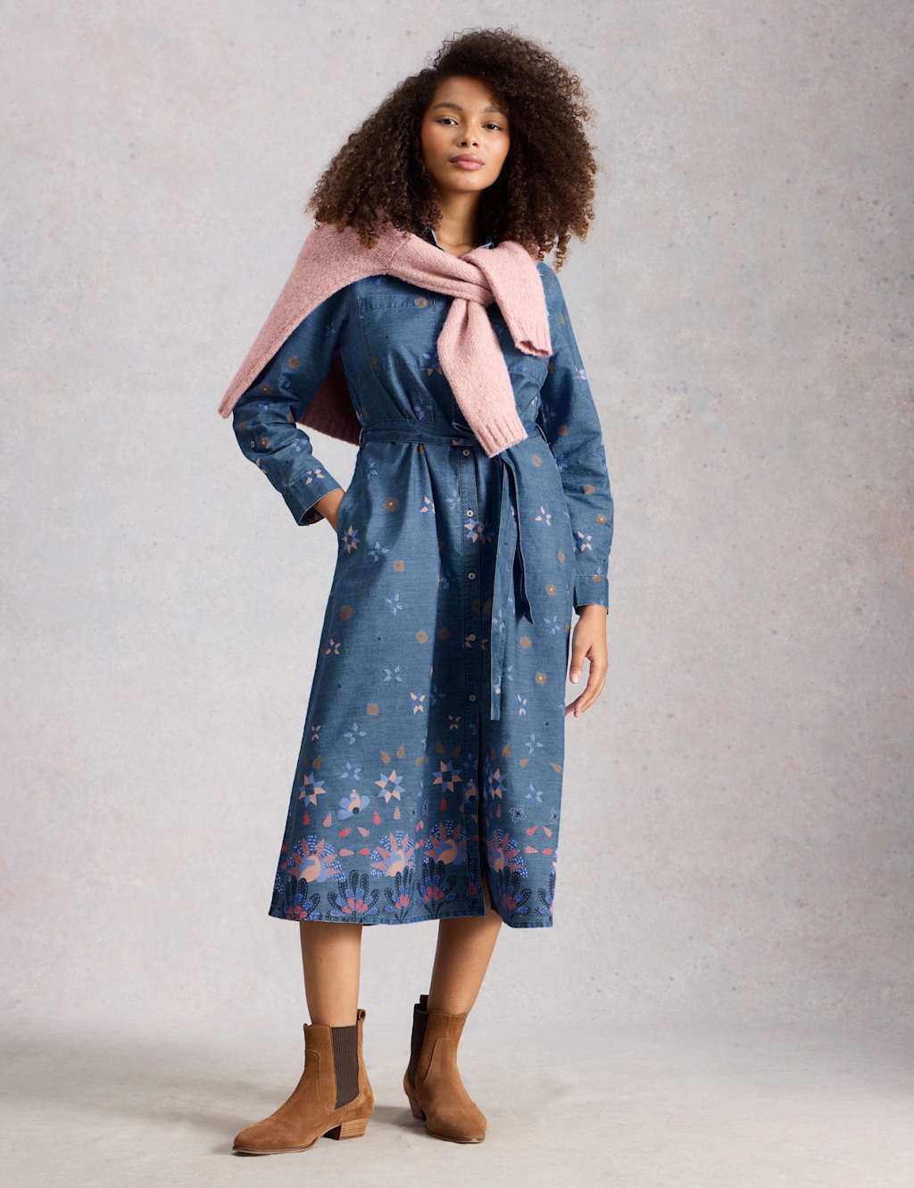 White Stuff Women's Pure Cotton Printed Midi Shirt Dress - 12 - Denim Mix - Available at M&S