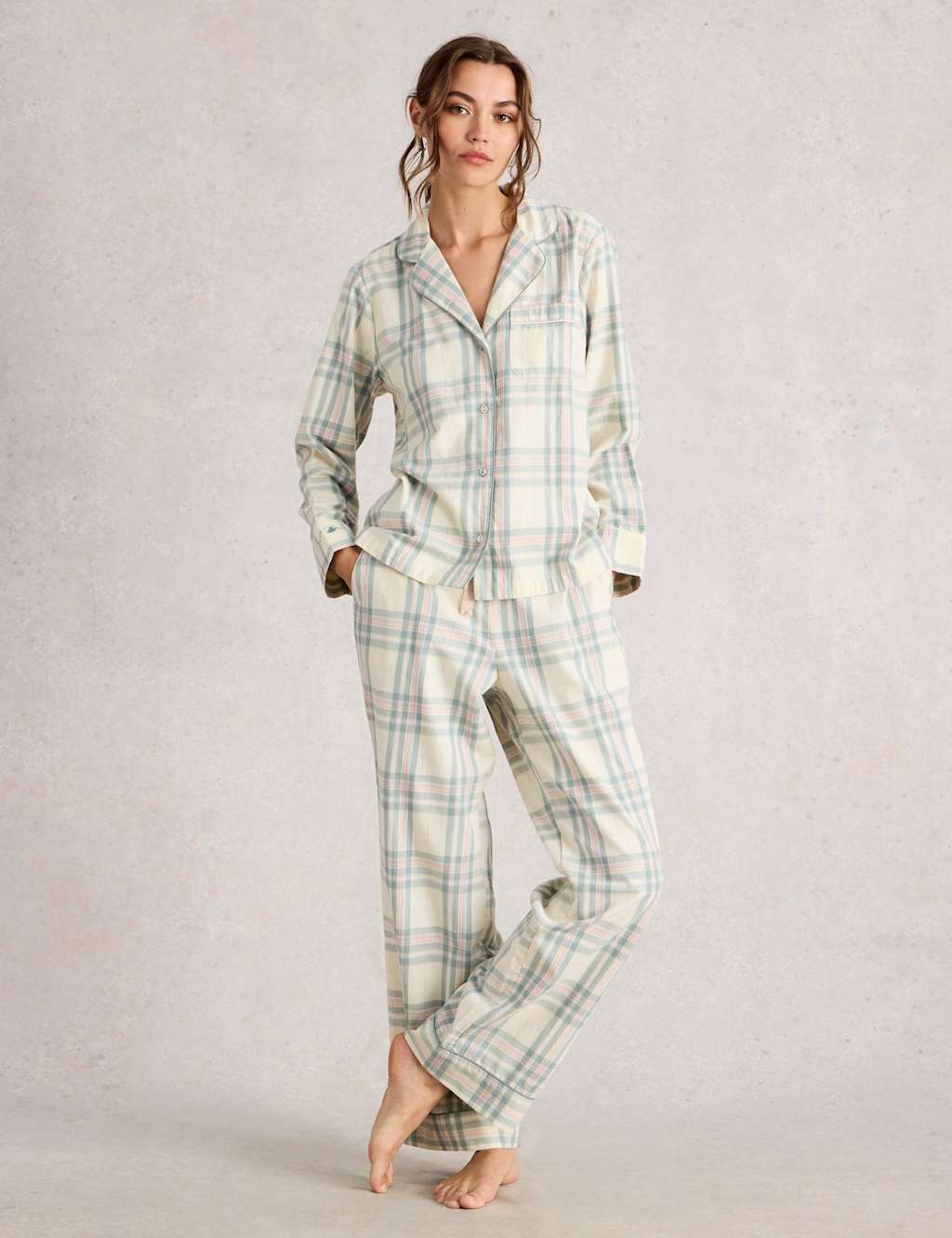 White Stuff Pure Cotton Checked Lounge Shirt White Mix