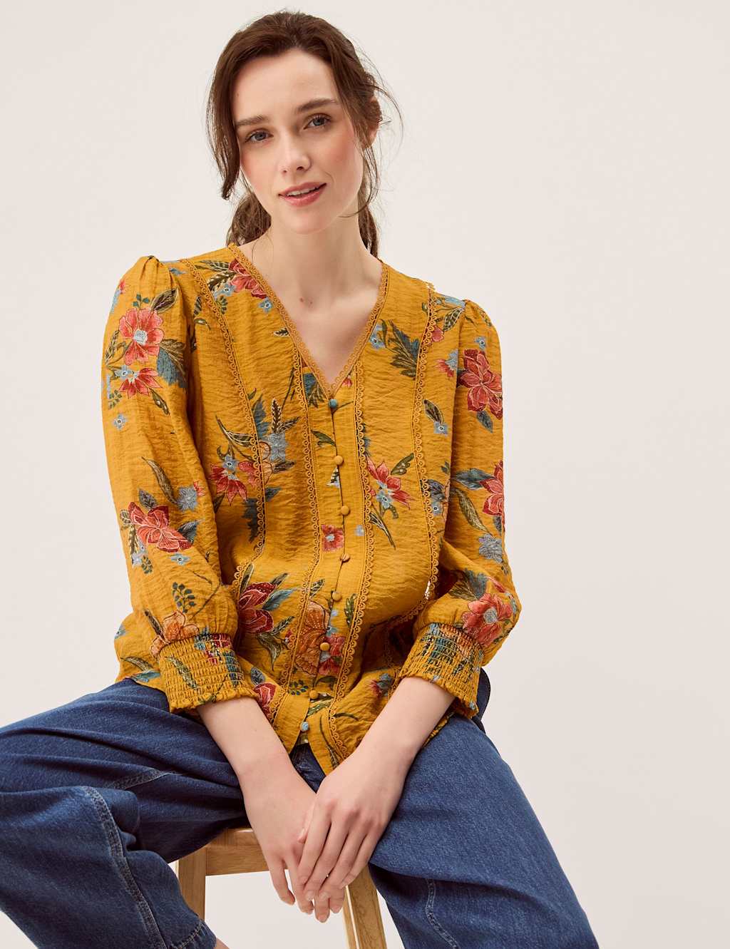 Monsoon Women's Floral V-Neck Lace Trim Blouse - Medium - Brown Mix - Available at M&S